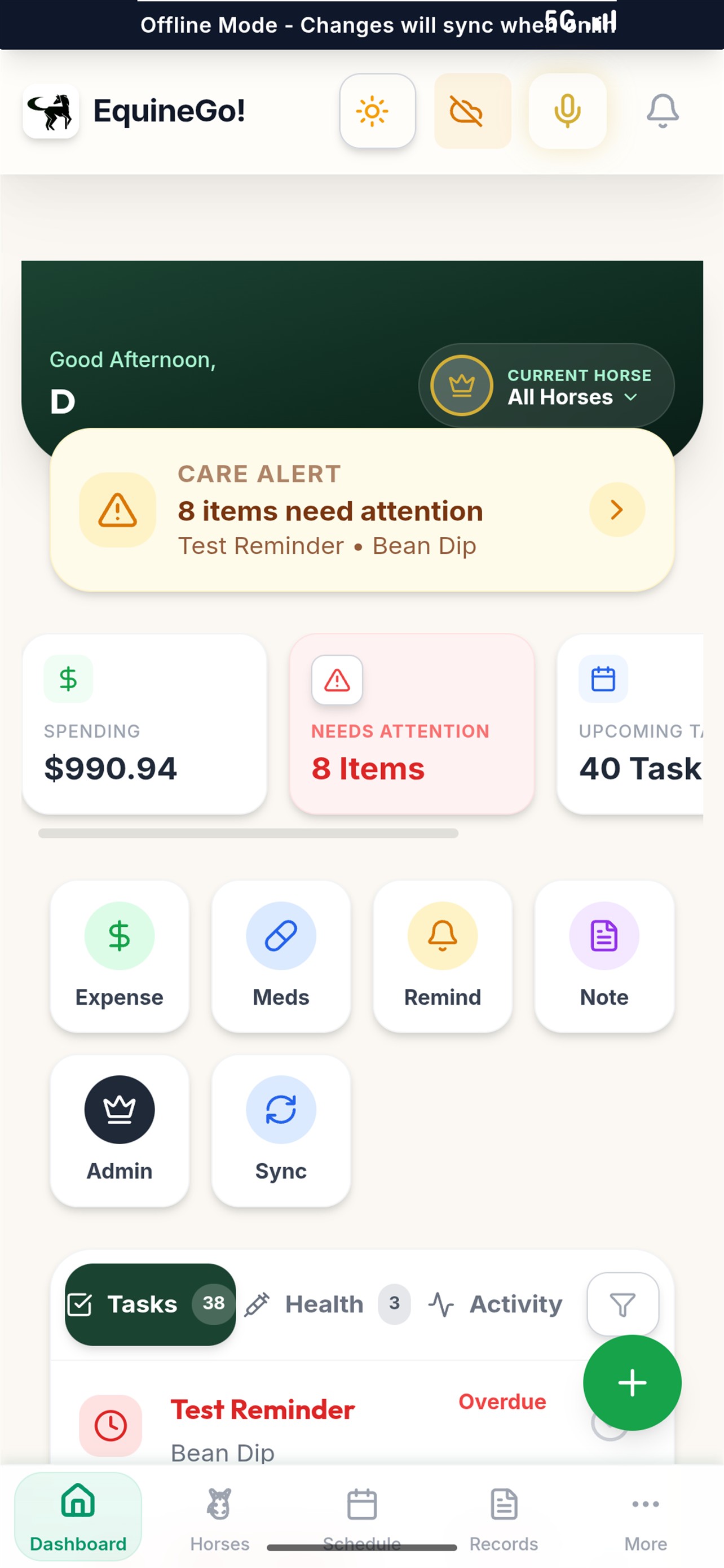 EquineGo iOS App Dashboard on iPhone showing Midnight Star profile, care inbox, and health reminders
