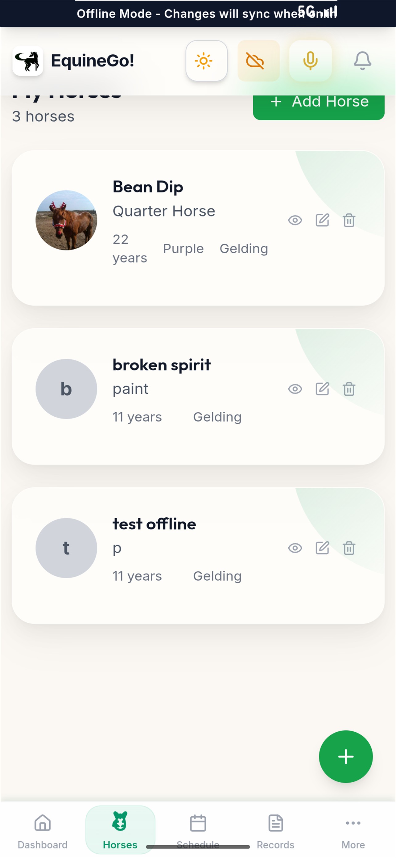 EquineGo iOS App Store Horse Profiles screen with photos, breed, age, and health status