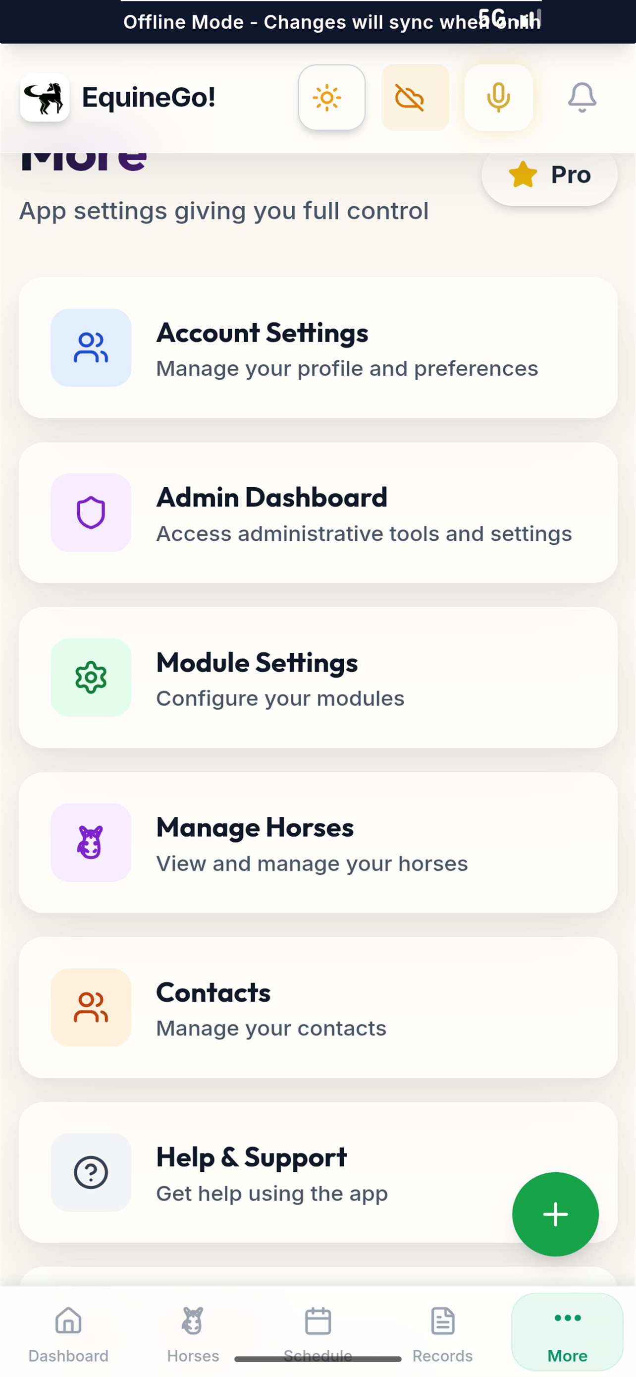 EquineGo iOS App Store Pro Tools screen showing tack inventory, documents, budget management, and analytics